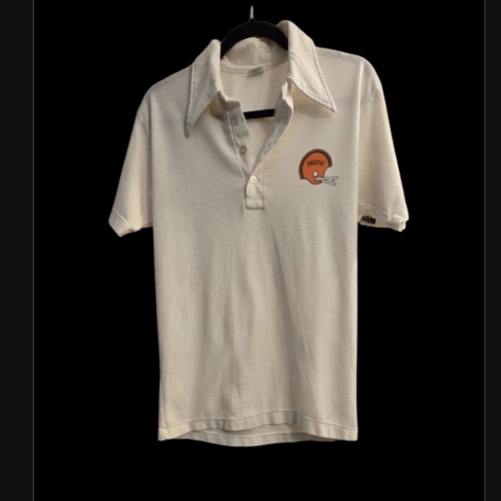 Vintage Champion White Polo Shirt with Pacific Football Logo , large